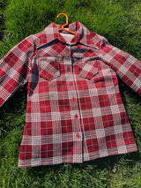 Women's vintage 1970's Montgomery Ward label long sleeve button up polyester shirt blouse in maroon and cream colored checkers.