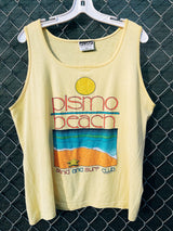 Women's or men's vintage 1980's Surf Gear label XL sleeveless yellow tank top t-shirt with Pismo Beach multicolored graphic on the front.