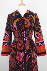 Women's vintage 1970's Dynasty label long sleeve long length velvet material puffy duster jacket in black, purple, and pink colors.