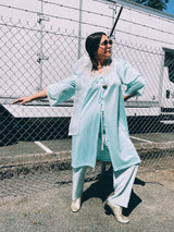 Women's vintage 1980's Fashion by Becky Sharpe, Made in USA label light blue nightie top with short sleeves and lace trim throughout.