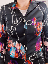 long sleeve black abstract print blouse