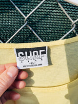 Women's or men's vintage 1980's Surf Gear label XL sleeveless yellow tank top t-shirt with Pismo Beach multicolored graphic on the front.