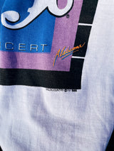 Women's or men's vintage 1986 Tee Jays, Made in USA label short sleeve white raglan t-shirt with Alabama band tour graphic on front and back.