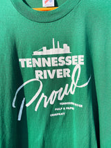 Men's or women's 1980's Jerzees, Made in USA label XXL short sleeve green graphic t-shirt with white Tennessee River graphic on the front.