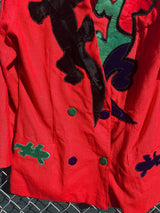 Women's vintage 1980's Dawn Joy Fashions label long sleeve double breasted red blazer with velvet lizards on it.