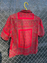 Men's or women's vintage 1950's McGregor Sportswear, Modern Wash-Wear-Cottons, Made in USA label short sleeve button up shirt in red with paisley print.