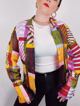 multicolored printed button up blouse