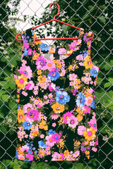Women's vintage 1970's sleeveless tank top with a scoop neck and zipper closure in the back. Black with an all over multicolored floral print.