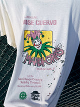 Women's or men's vintage 1980's Screen Stars label short sleeve off white cream graphic t-shirt with yellow, purple, and green joker graphic on the front.