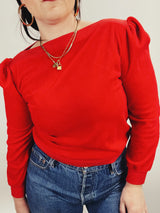 Women's vintage 1980's red velour velvet pullover sweater with ribbed trim and a boat neckline.