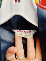 Women's vintage 1970's Ichi Ban, Made in Japan short sleeve black and white satin like material open front kimono robe with a tiger graphic on front and back.