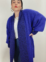 Women's vintage 1980's Fitting Image label long sleeve long length purple nubby cardigan with an open front.