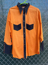 Men's vintage 1930's/1940's Town Talk Menswear label long sleeve orange and white button up western style cowboy shirt.