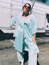 Women's vintage 1980's Fashion by Becky Sharpe, Made in USA label light blue nightie top with short sleeves and lace trim throughout.