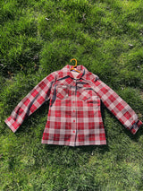 Women's vintage 1970's Montgomery Ward label long sleeve button up polyester shirt blouse in maroon and cream colored checkers.