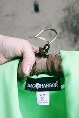 Women's vintage 1980's Sag Harbor label short sleeve lightweight lime green blazer with a one button closure. Rayon and Polyester material, perfect for Summer.