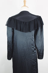 Women's vintage 1990's Blanche label long sleeve maxi length black wrap duster robe. Has lace and ruffle trim. Lightweight Polyester material.