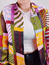 multicolored printed button up blouse