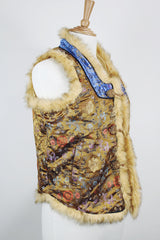 Women's vintage 1990's sleeveless vest with faux fur interior, a multicolored satin body, and faux fur trim.