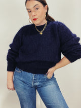 Men's or women's vintage 1980's long sleeve pullover crew neck sweater in dark navy blue in mohair material.