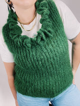 sleeveless green mohair sweater vest with ruffle trim