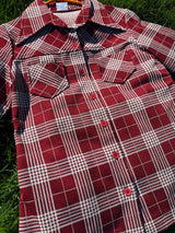 Women's vintage 1970's Montgomery Ward label long sleeve button up polyester shirt blouse in maroon and cream colored checkers.