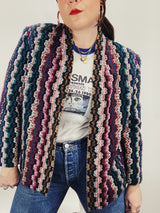 Women's vintage 1980's Graff Petite, Made In USA label long sleeve open front nubby acrylic cardigan sweater with a multicolored zig zag print.