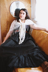 1970's cream colored lace triangle shaped scarf with long fringe trim that can also be worn as a shawl.