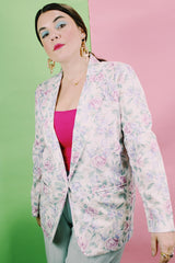 Women's vintage 1980's LORI of California by AM Casuals label long sleeve floral print blazer with one button closure. White with pink and blue flowers. Lightweight cotton material.