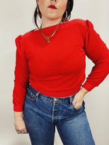 Women's vintage 1980's red velour velvet pullover sweater with ribbed trim and a boat neckline.