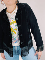 long sleeve button up sweater with fringe trim