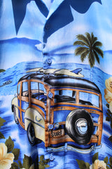 Men's vintage 1990's Ferugini short sleeve button up Hawaiian print shirt in a polyester material with a surf van graphic.