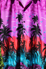 Men's vintage 1990's Island Shirtworks short sleeve button up Hawaiian print shirt in lightweight polyester material in purple, blue, and red with palm trees.