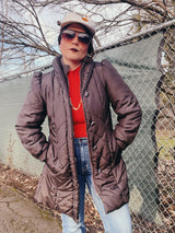 brown long puffy jacket