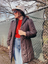 brown long puffy jacket