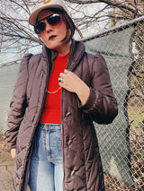 brown long puffy jacket