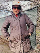 brown long puffy jacket