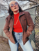 tartan jacket with leather collar