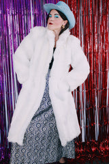 Women's vintage 1980's Avec Tu, A Luxury Fabric bu Glenoit, Union Made, Made in USA label long sleeve long length bright white faux fur coat.
