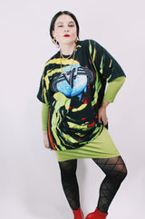 Women' or men's vintage 1993 Fruit of the Loom, Made in USA label short sleeve black 1993 Van Halen Tour t-shirt with graphic on the front and back with all over multicolored tie dye.