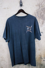 Men's or women's vintage 1990's Murina, Made in USA label short sleeve black Metallica band tee with multicolored graphic on front and back.