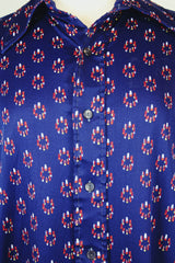Men's or women's vintage 1970's Bud Berma label long sleeve nylon material navy blue button up shirt will all over red print.