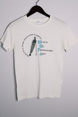 Women's or men's vintage 1980's Ched by Anvil, Made in USA label short sleeve white graphic t-shirt with large graphic on the front in a cotton and polyester material.