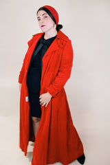 Women's vintage 1950's/60's Count Romi LTD., Your All Weather Traveler label long sleeve long length bright red velvet duster coat. One closure at waist.