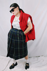 Women's vintage 1980's Dalton, Union Made, Made in USA label midi length plaid printed skirt in navy with white and red stripes.