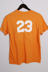 Women's or men's vintage 1970's Sport-T by Stedman label short sleeve orange tee with white graphic on the front and back in a cotton and polyester material.