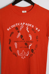 Women's or men's vintage 1970's Sport-T by Stedman label short sleeve red tee with white and black graphic on front and back in a polyester and cotton material.