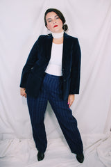 Women's vintage 1980's Curly Top, Made in Korea label long sleeve dark navy blue velvet blazer with button front closure and two pockets.