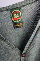 Women's or men's vintage 1970's Alps, Rugged Outdoors, Merrimac Valley, New England label long sleeve green colored button up cardigan.