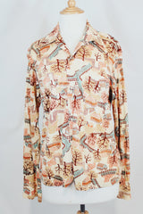 Men's or women's vintage 1970's long sleeve cream colored polyester button up shirt with all over multi colored tree print shirt.